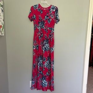 Pink and Blue Floral Maxi, Size M, Short Sleeves